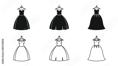 Black and white silhouettes of various formal dresses hanging on hangers