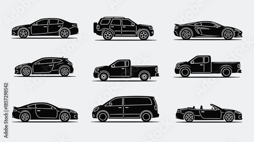 Collection of various vehicle silhouettes sedans trucks suvs and sports cars