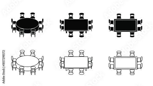 Overhead view of various table and chair arrangements for dining or meetings