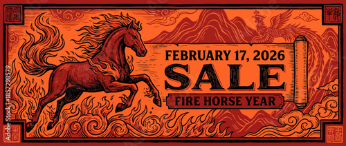 Celebrating Lunar New Year 2026, Year of the Fire Horse Sale with vibrant graphics and greeting cards