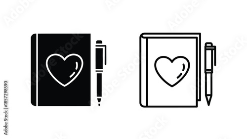 Two sets of diary icons with heart shapes and pens displayed