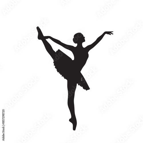 Ballerina dancer performing elegant high leg arabesque isolated silhouette. Female ballet artist in dynamic pose with raised leg. Graceful movement on pointe shoes. Classical dance art expression.