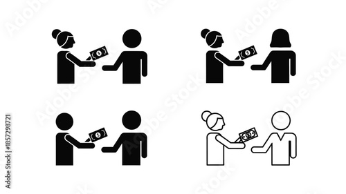 Simple black and white icons depicting people exchanging money or payment