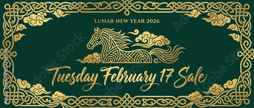 Celebrating Lunar New Year 2026, Year of the Fire Horse, with a festive greeting card sale on Tuesday, February 17, featuring traditional oriental designs