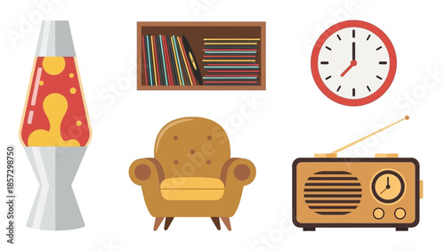 Vector illustration of retro home items: lava lamp, vinyl records, armchair, wall clock, radio; nostalgic interior.