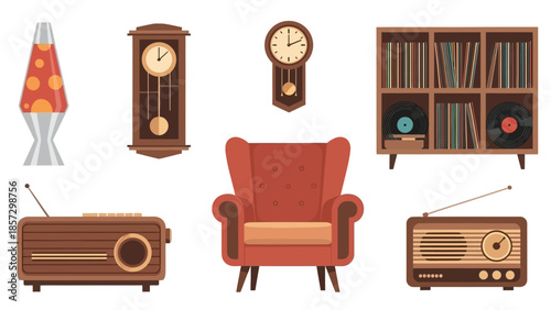 Retro home accessories and vintage electronics collection in a stylish flat design illustration, showcasing classic decor.