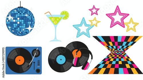Dynamic vector illustration capturing the essence of a retro disco party with music, drinks, and dazzling decorations