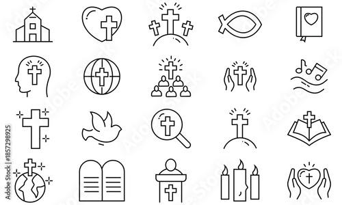 Christian line icon set. Christian religion holidays icon and symbols design. Christianity line icons vector collection. Vector illustration.