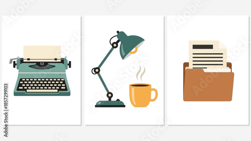 Retro workspace essentials collection featuring a vintage typewriter, desk lamp, steaming coffee, and organized documents.