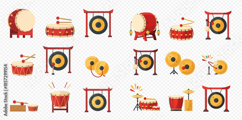 Collection of traditional Chinese musical instruments including drums, gongs, and cymbals in various styles.