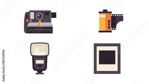 Flat design graphic icon set of photography essentials: instant camera, film roll, flash, and photo print for digital projects.
