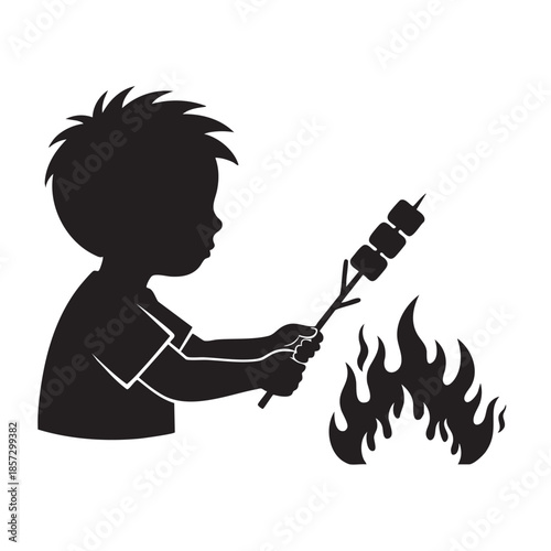 Boy roasting marshmallows over campfire silhouette child cooking sweet treat outdoor activity snack food preparation graphic design black white vector art