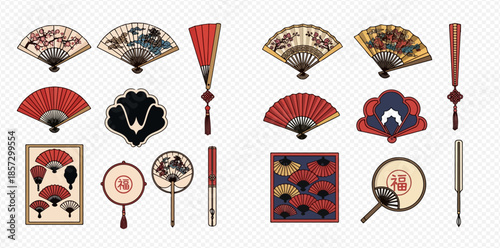 Collection of traditional Asian hand fans with various designs and patterns.