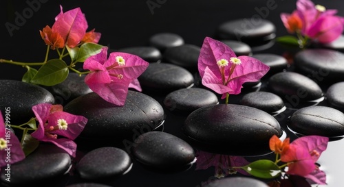 Pink bougainvillea flowers on dark stones, still life