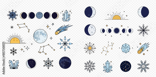 Celestial objects and astrological elements set with moon phases, constellations, crystals, and stars.