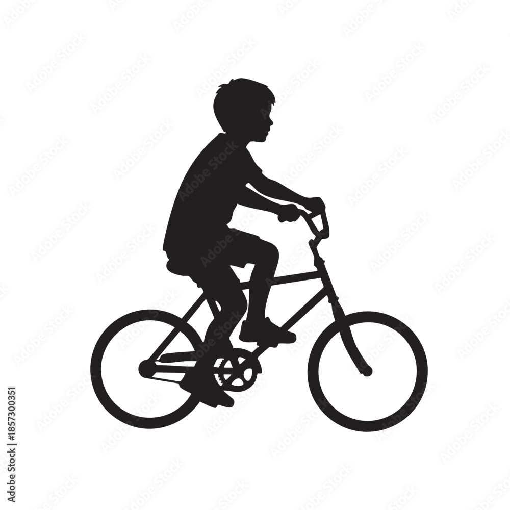 Fototapeta premium Young Boy Riding Bicycle Silhouette Vector Illustration Child Cyclist Outdoor Activity Exercise Fun Childhood Sport Transportation Kid on Bike