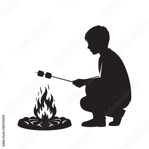 Young Boy Roasting Marshmallows Campfire Silhouette Vector Illustration Child Camping Bonfire Outdoor Fun Childhood Snack Cooking