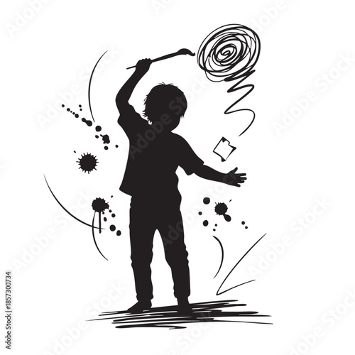 Silhouette illustration of a child enthusiastically painting or drawing, surrounded by artistic splatters and scribbles, representing creative expression and artistic freedom