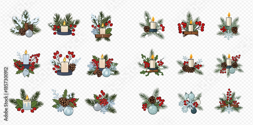 Collection of festive Christmas decorations with candles, pine cones, berries, and ornaments.