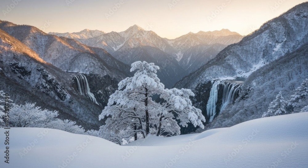 Fototapeta premium Snowy mountain valley at dawn. Frozen waterfalls cascade down the slopes. A frosted pine tree stands sentinel