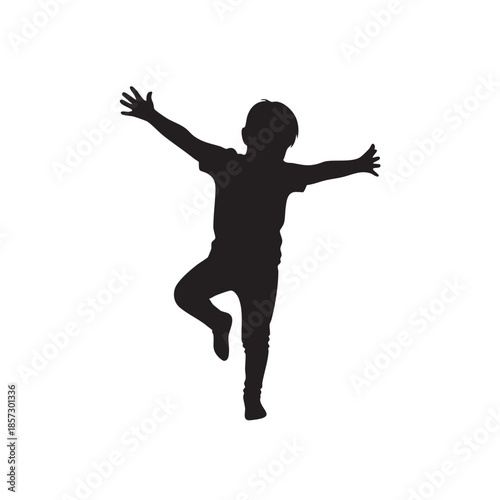 Energetic child boy silhouette standing on one leg with arms outspread balancing playfully in childhood fun vector graphic