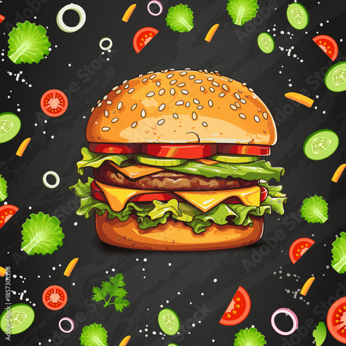 Burger poster with vegetables , Food poster, ad, fast food, menu, burger ,vector illustration design.