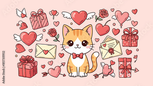 Adorable Cartoon Cat Surrounded by Hearts, Gifts, and Love Symbols on a Pink Background