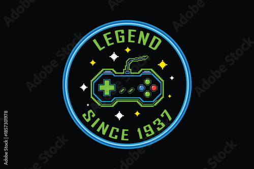Vintage gaming badge with controller and legend text