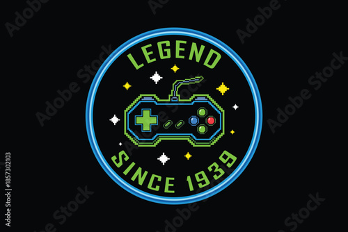 Retro gaming badge with controller and legend text since 1939