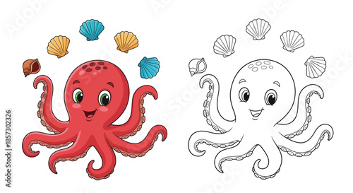 Joyful Octopus and Seashells: A charming cartoon octopus playfully interacts with a collection of colorful seashells, evoking feelings of marine fun and seaside amusement.