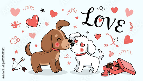 Adorable cartoon puppies expressing tender affection with hearts, romantic elements, and sweet treats, perfect for Valentine's Day celebrations or heartwarming pet-themed designs
