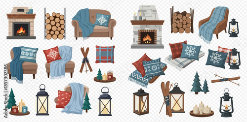 Cozy winter home decor elements set with fireplace, sofa, armchair, lanterns, and warm blankets.