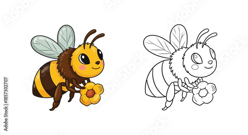 Bumble Bee and Flower: A whimsical cartoon bee, delicately clutching a vibrant flower, exudes cheerfulness. In parallel, a line art illustration reveals the bee's intricate form for coloring.
