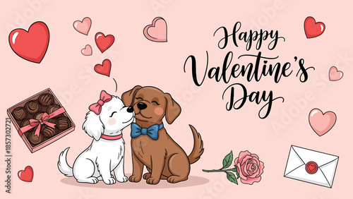 Happy Valentine's Day illustration featuring two adorable dogs sharing a sweet kiss surrounded by hearts, chocolates, and a rose