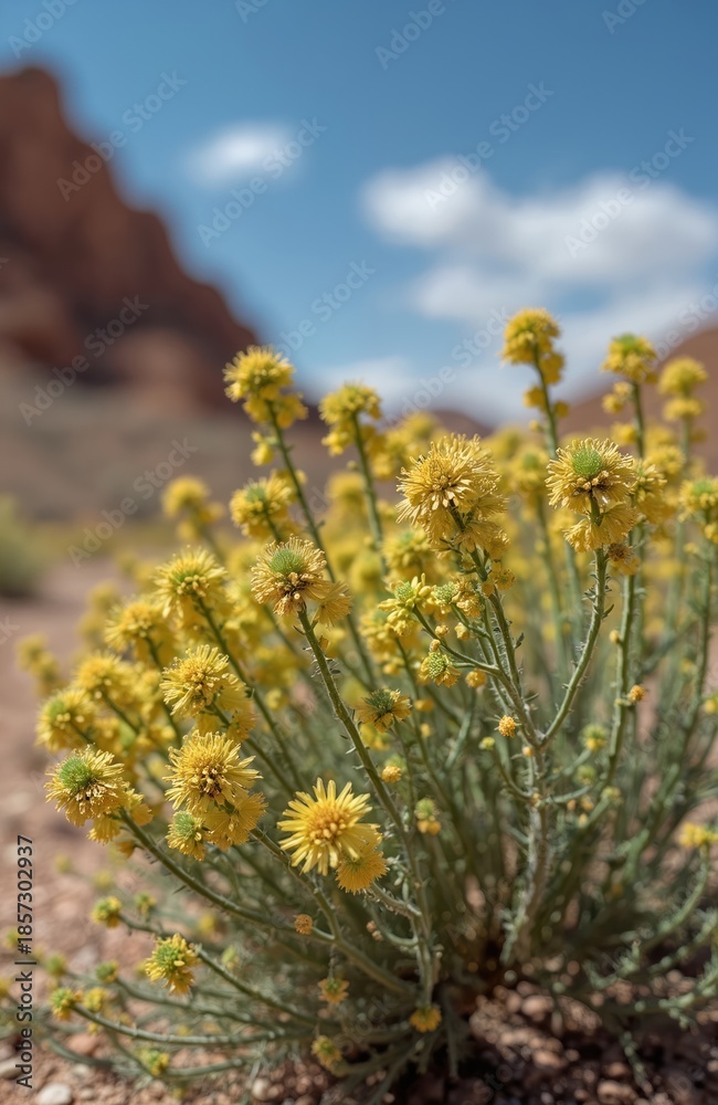 Obraz premium Small yellow flowers bloom in a desert landscape with rocky hills under a blue sky. Hardy desert plant grows in dry arid climate. Flora thrives in hot sunny weather.