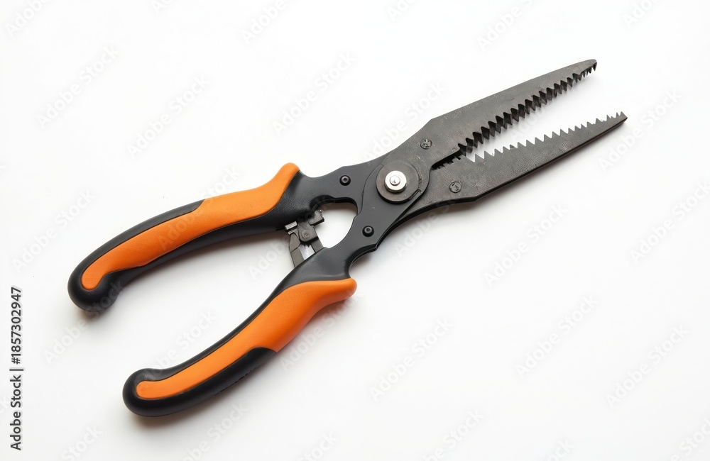 Fototapeta premium Pro tin snips with orange ergonomic handles lie on white studio background. Metal cutters are sharp industrial tools for construction, repair, and DIY projects. Cutting edge is serrated.