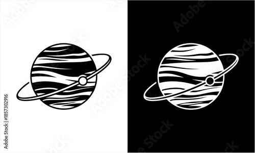 Stylized black and white planet with rings orbiting a central star.