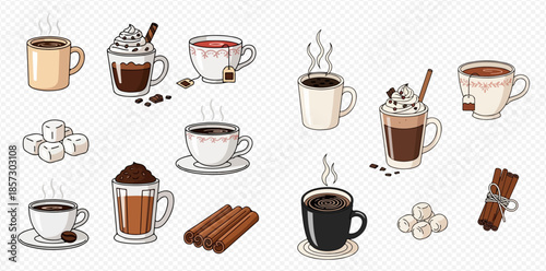Collection of various hot beverages including coffee, tea, and chocolate with sugar cubes and cinnamon sticks.