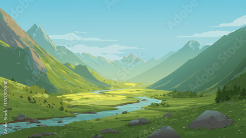 Mountain Valley Landscape with River Illustration