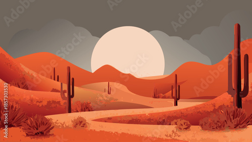 Desert Landscape with Cactus and Sun Illustration