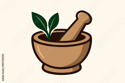 Mortar and Pestle with Plant Illustration on Light Background