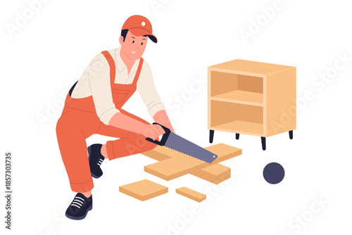 Illustration of Carpenter Sawing Wood Plank for Custom Furniture Making in Workshop. Illustration of a carpenter using a hand saw to cut wooden planks, with a wooden shelf unit being built 