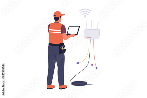 Illustration of Network Technician Configuring Wireless Router and Fiber Optic Internet Connection. A professional technician using a laptop to set up a wireless router and manage complex fiber optic