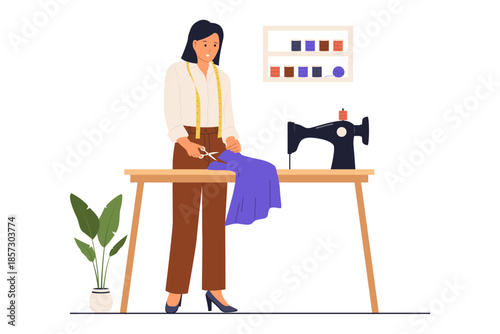 Illustration of Professional Seamstress Cutting Fabric at Tailor Workshop with Sewing Machine. A female tailor carefully cutting purple fabric with scissors on a work table