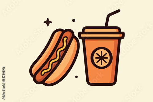 Hot Dog and Takeaway Drink Icon Illustration on Light Background