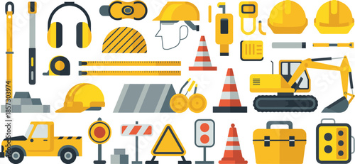 Construction safety tools and heavy machinery icons set, flat vector illustration for road work, engineering, industrial equipment collection design assets