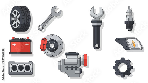 Car Parts Icons Set: Engine, Tire, Battery, Wrench, Spark Plug, Brake Disc