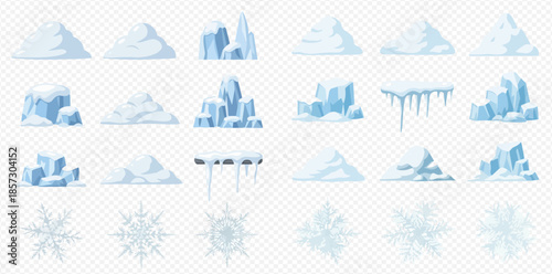 Set of various snowdrifts, ice formations, and snowflakes on transparent background, winter elements.