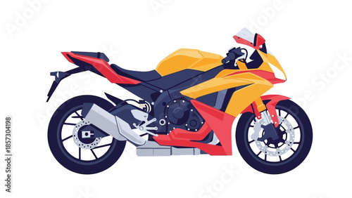 Sporty Motorcycle, Yellow and Red, Isolated on White Background, Vector Illustration