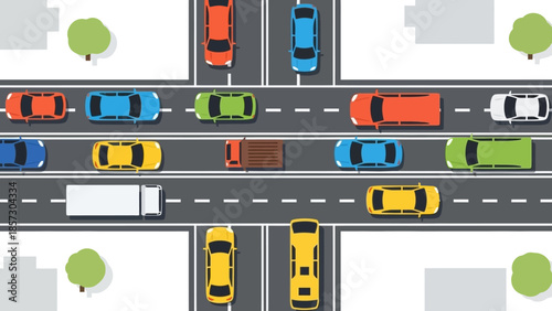 Aerial View of City Intersection with Traffic Jam, Cars and Trucks